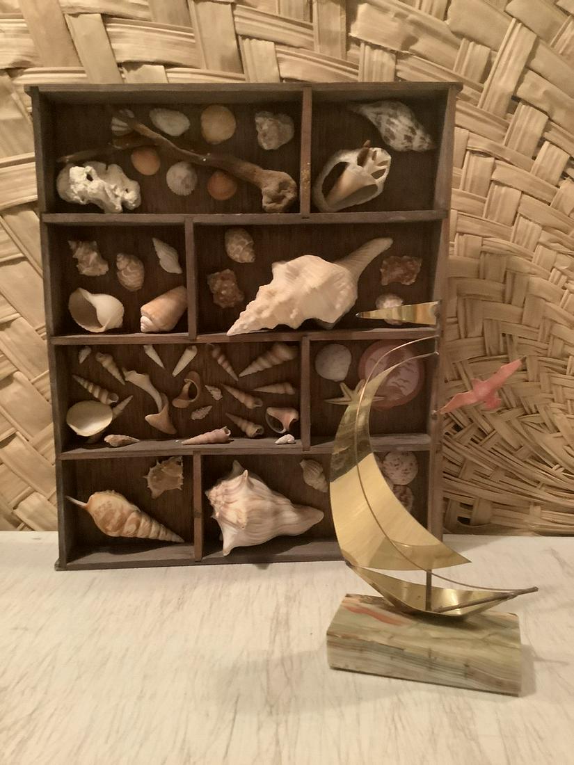 Seashell Diorama and Metal Boat on Stone Slab: Seashell Diorama and Metal Boat on Stone Slab