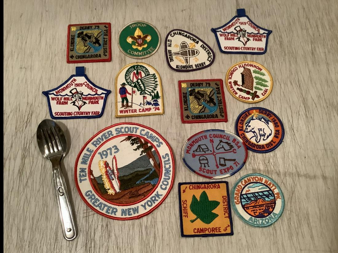 Lot of Vintage Boy Scout Fork & Spoon and patches: Lot of Vintage Boy Scout Fork & Spoon and patches