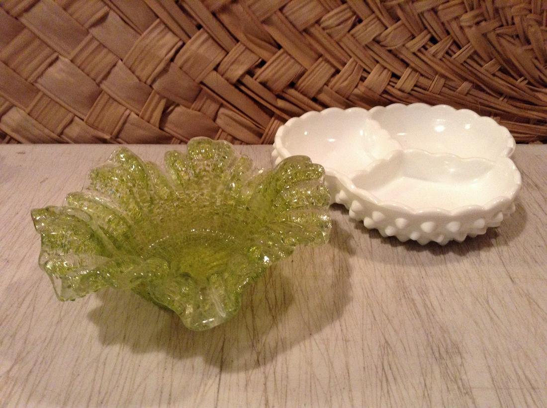 Fenton hobnail divided dish and green sugared glass (1 of 1)