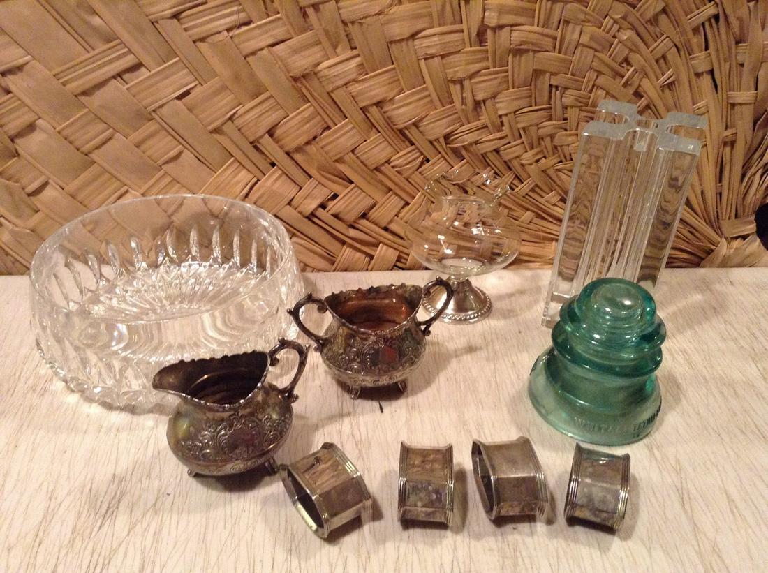 Insulator, Libera Czech Crystal candlestick, unmarked: Insulator, Libera Czech Crystal candlestick, unmarked creamer set and napkin rings and more