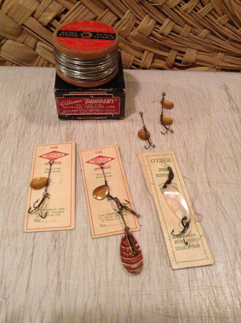 Vintage fishing lures in original packages & Williams: Vintage fishing lures in original packages & Williams Duro-lus metallic Trolling Line in the original box