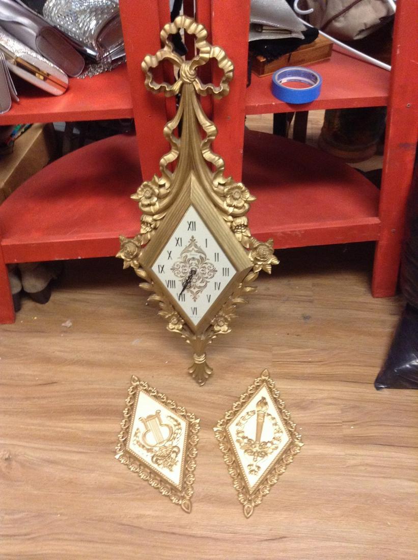 Syroco clock 31"x13" and Homco wall hangings: Syroco clock 31"x13" and Homco wall hangings