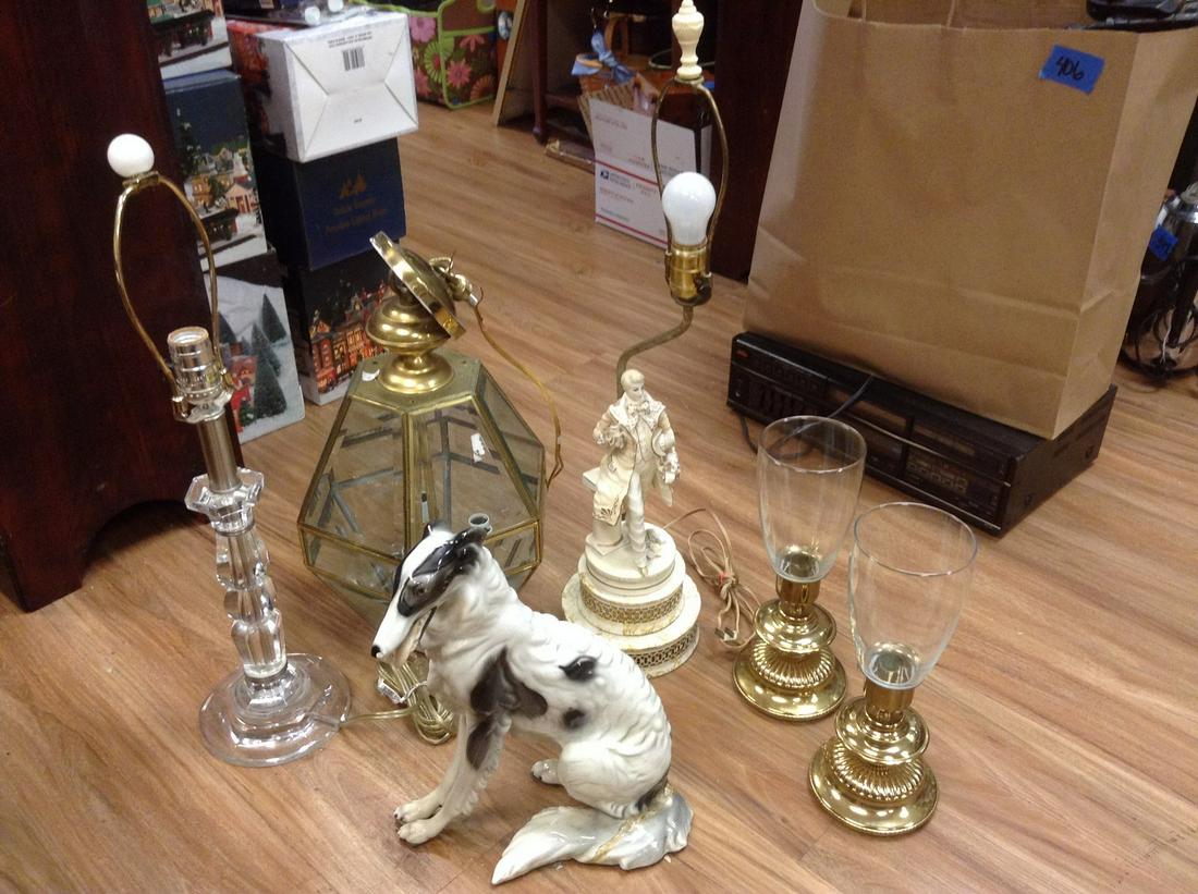Large lot of lamps and dog statue (tail has been: Large lot of lamps and dog statue (tail has been repaired )