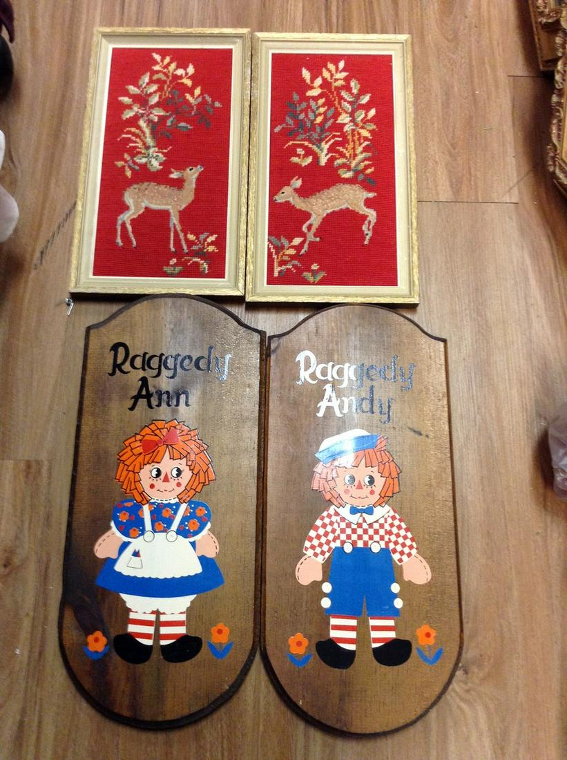 Raggedy Ann & Andy, deer needlepoint largest is 19" (1 of 1)