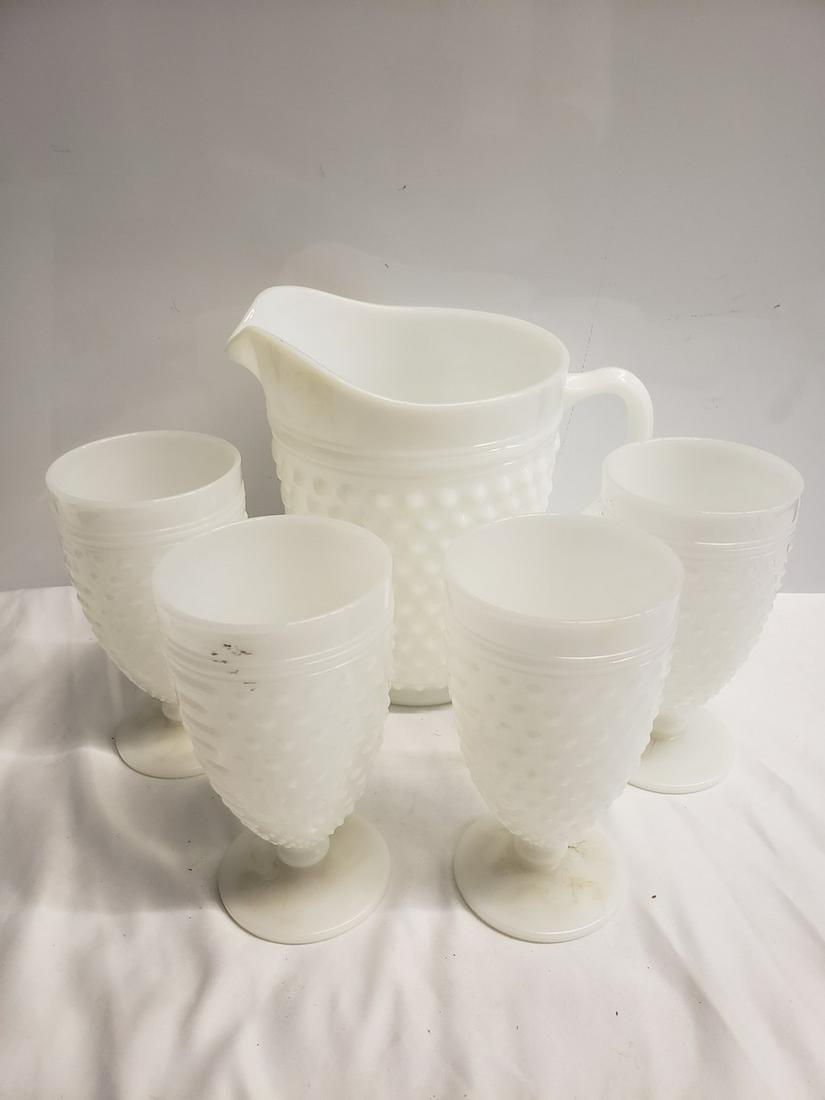 Lot of white Fenton hobnail milk glass pitcher and: Lot of white Fenton hobnail milk glass pitcher and glasses