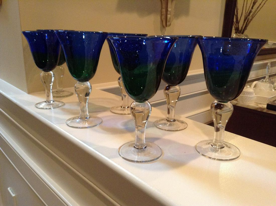 Set of 7 Green to Blue Glass Goblets 8" tall (1 of 1)