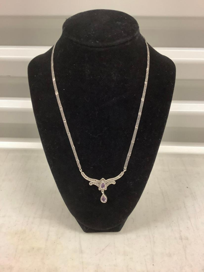 sterling marcasite necklace with amenthyst pendant: sterling marcasite necklace with amenthyst pendant