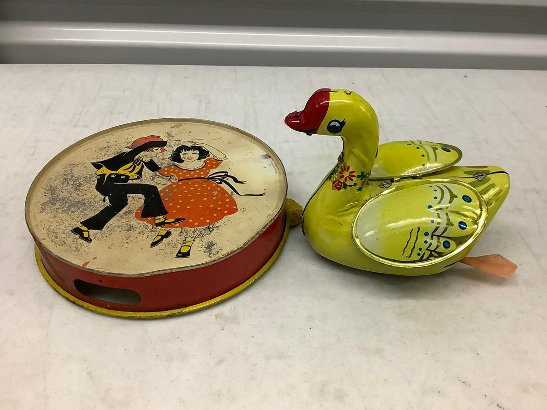Vintage Tin Toy Tambourine Duck Friction Toy: Vintage Tin Toy Tambourine Duck Friction Toy