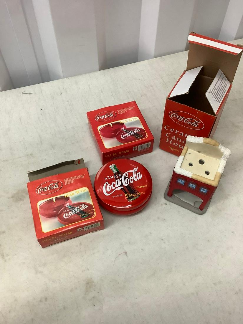 lot of coca cola ceramic candle house and wick n tin: lot of coca cola ceramic candle house and wick n tin