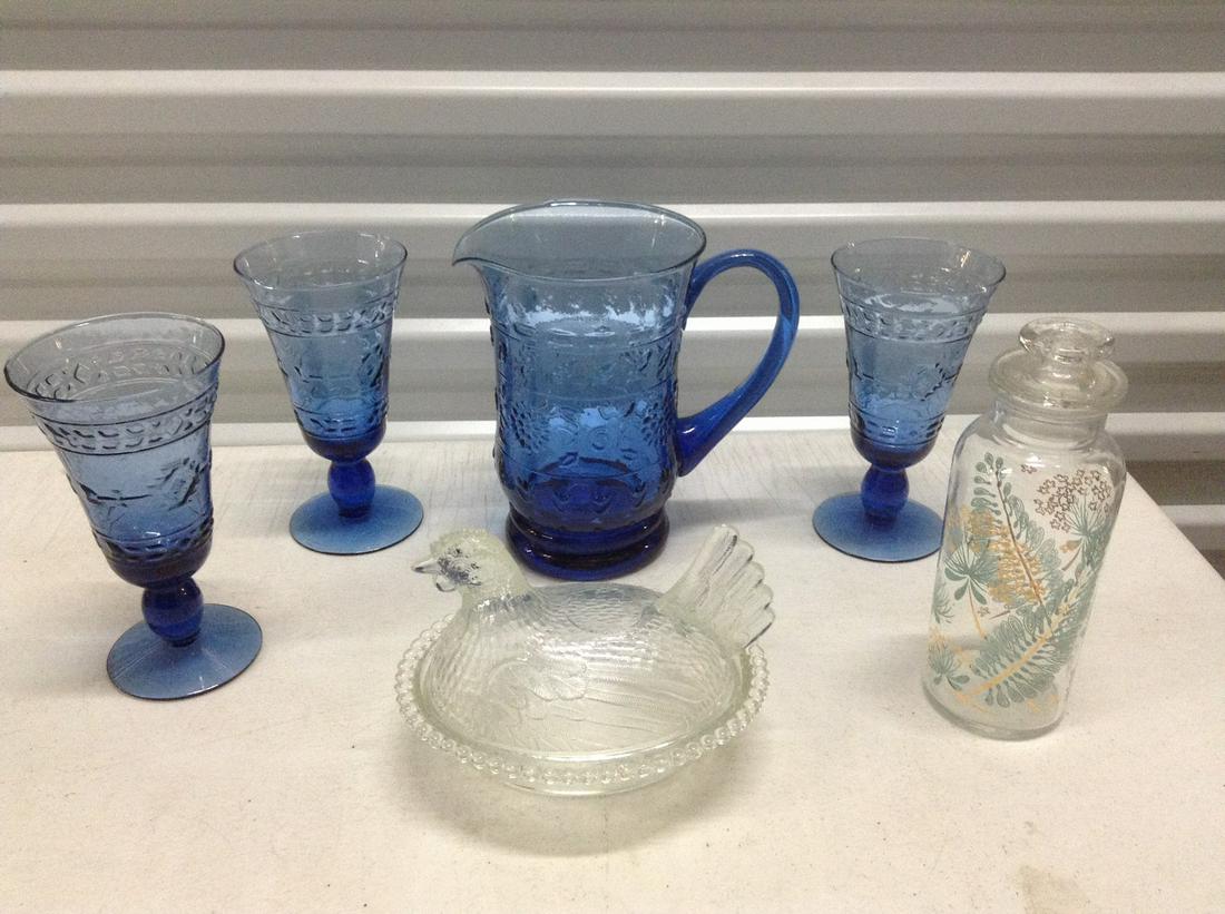 Blue Glass Pitcher with matching goblets, Nesting Hen (1 of 1)