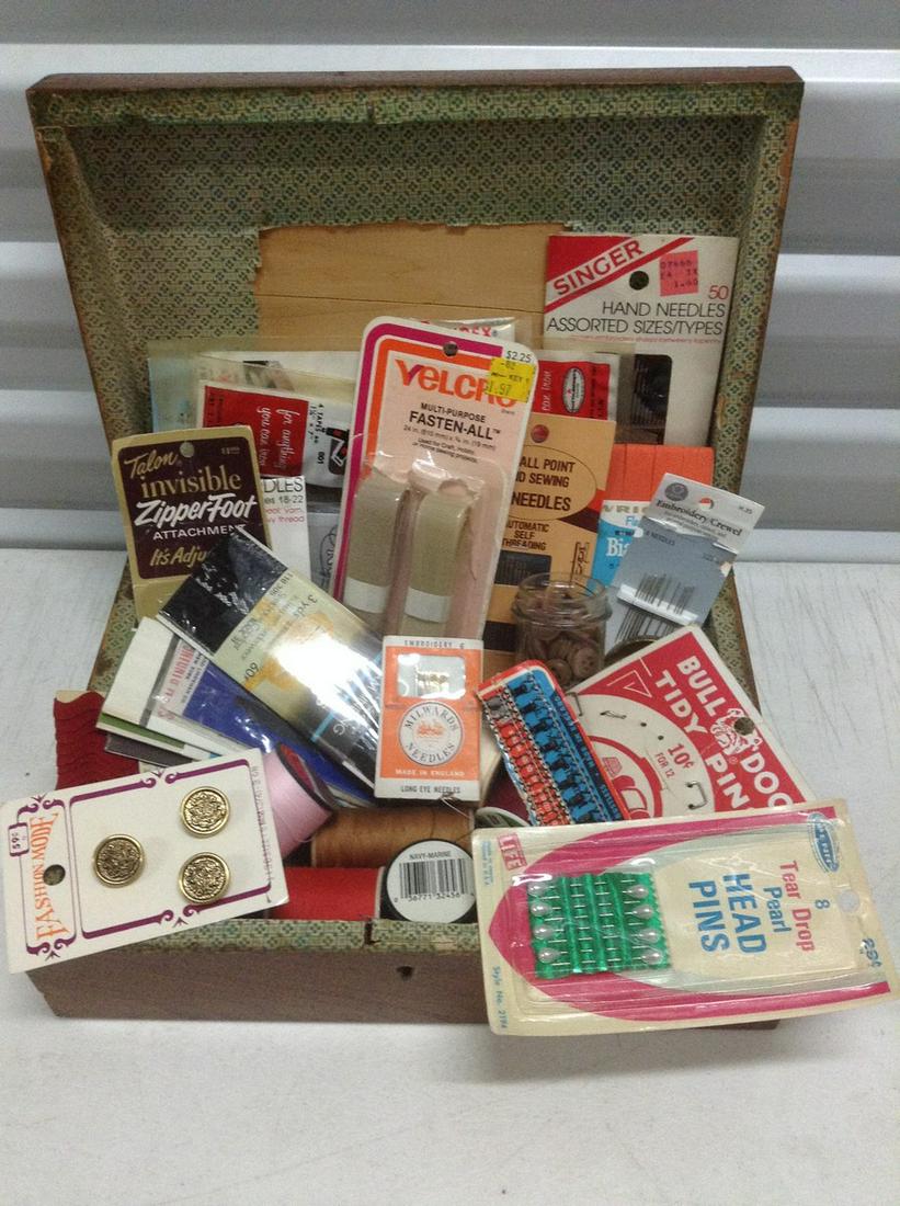 Vintage Wooden Box filled with Sewing Items: Vintage Wooden Box filled with Sewing Items