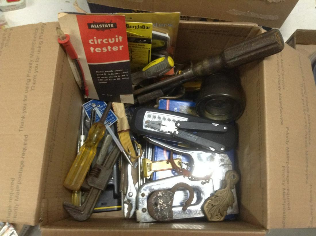 Box of vintage and other tools and more: Box of vintage and other tools and more