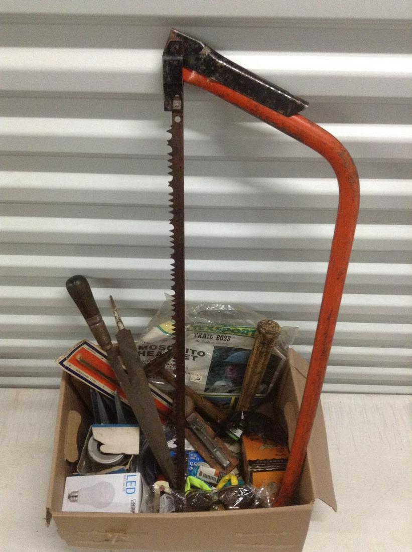 Box of vintage and other tools and more: Box of vintage and other tools and more