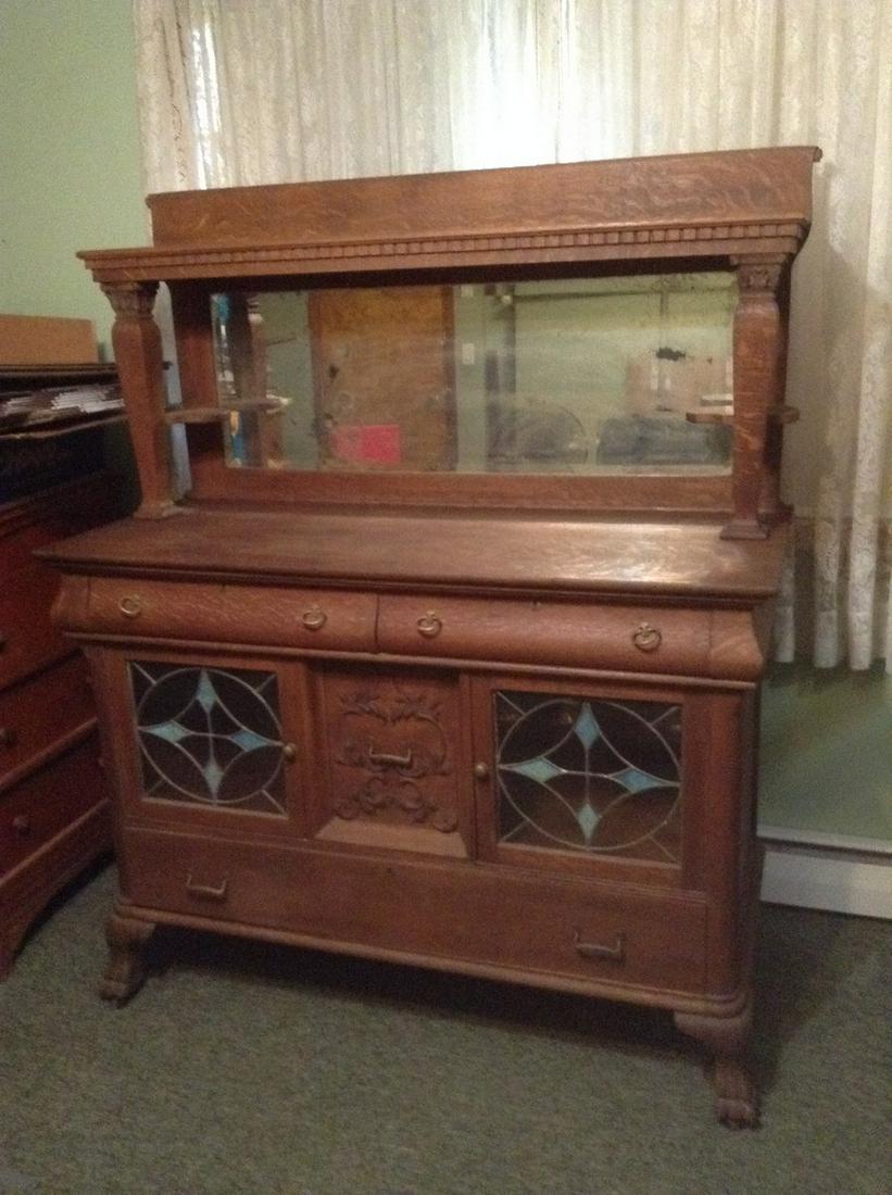 Early Tiger Oak Claw Foot Mirrored Hutch with Stained (1 of 1)