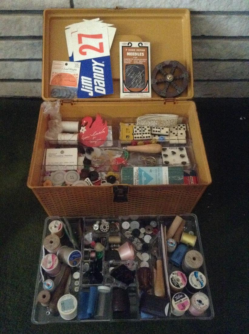 Vintage 3 Layer Sewing Box full of vintage buttons and (1 of 1)