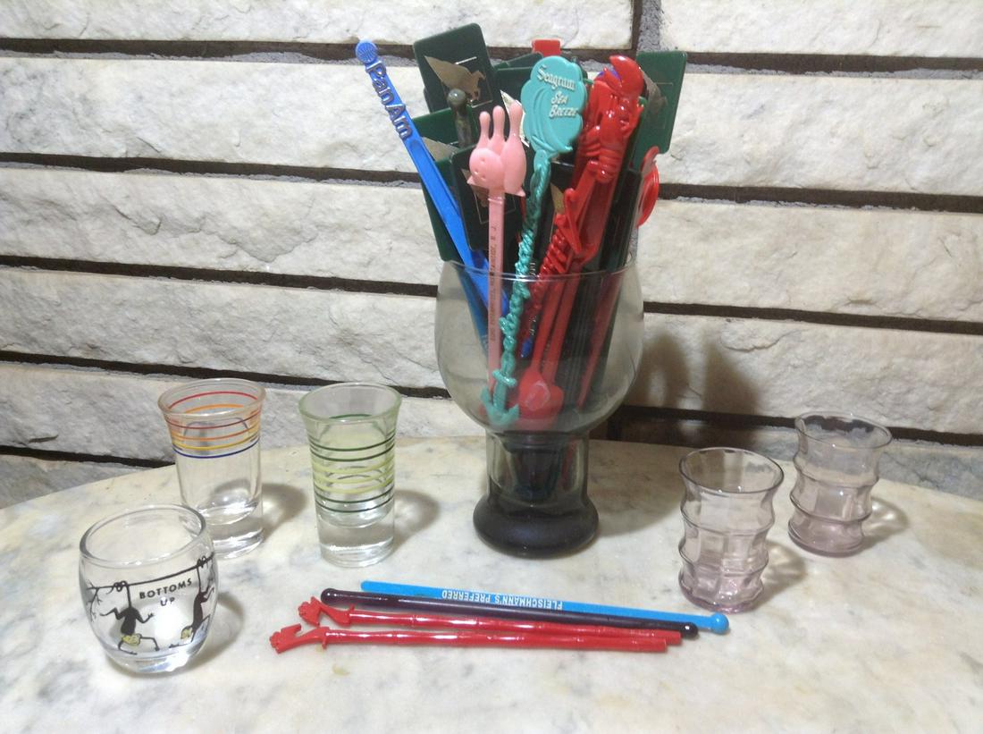 MCM Shot Glasses and Large lot of Swizzle Sticks: MCM Shot Glasses and Large lot of Swizzle Sticks