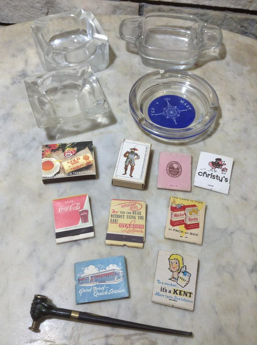 Lot of Vintage Ashtrays, Matchbooks and pipe: Lot of Vintage Ashtrays, Matchbooks and pipe