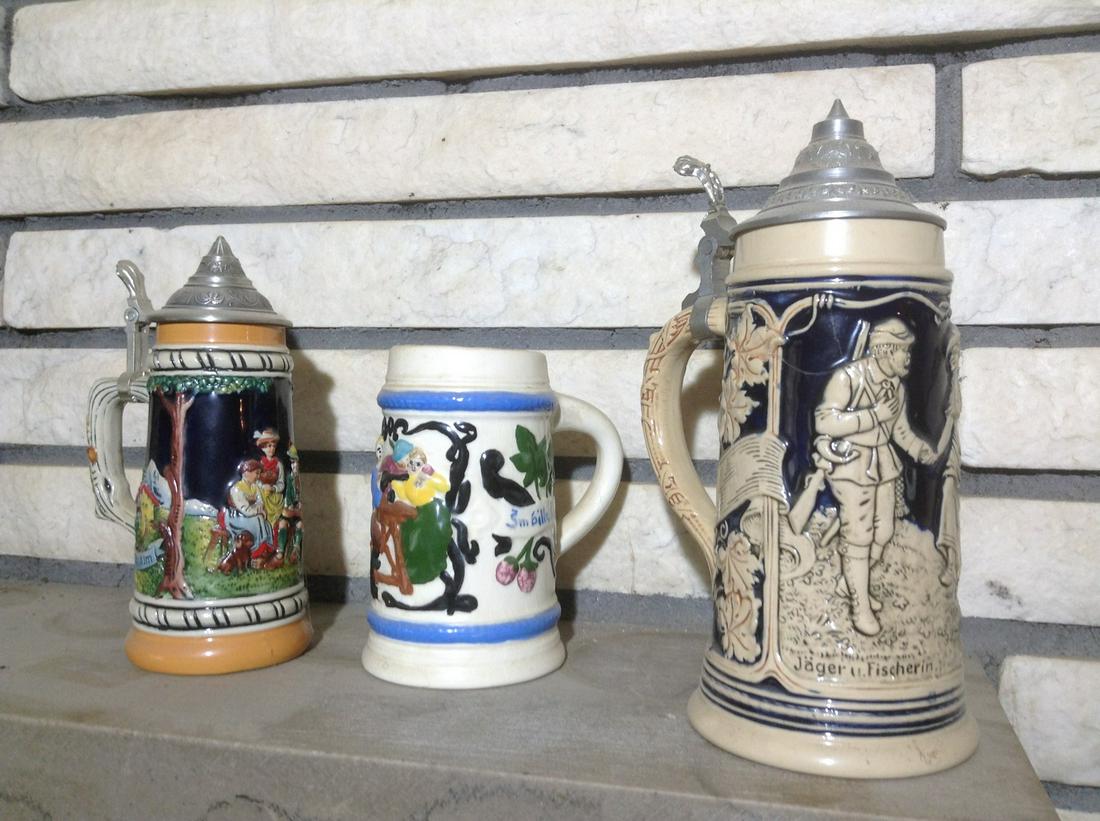 Lot of Vintage Steins - Jager Fisheran and others: Lot of Vintage Steins - Jager Fisheran and others tallest 9"