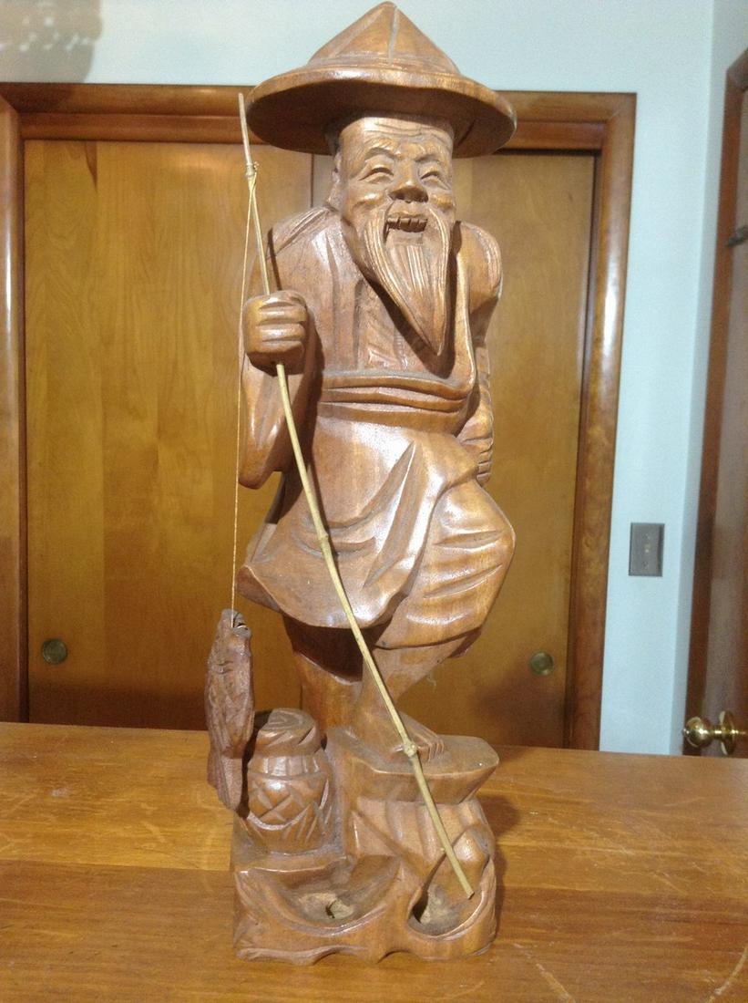 Hand Carved Wood Asian Fisherman Statue 12" tall (1 of 1)