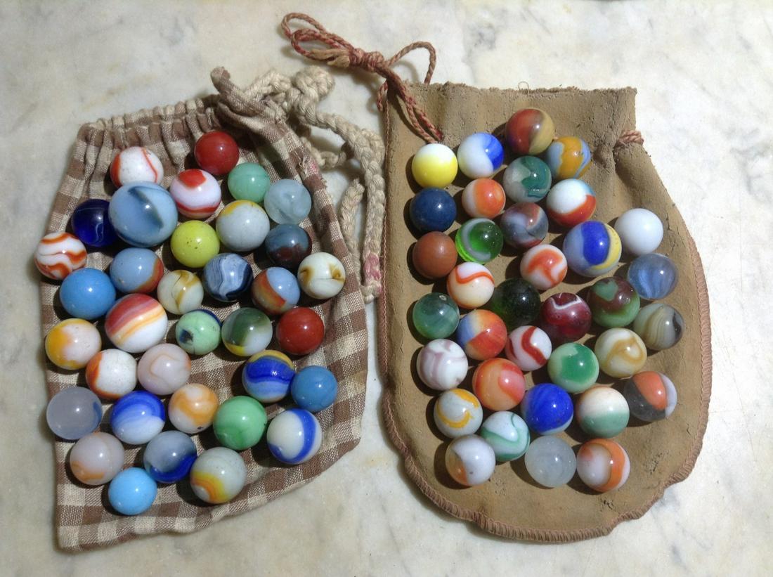 Two Pouches full of very early marbles with shooter: Two Pouches full of very early marbles with shooter