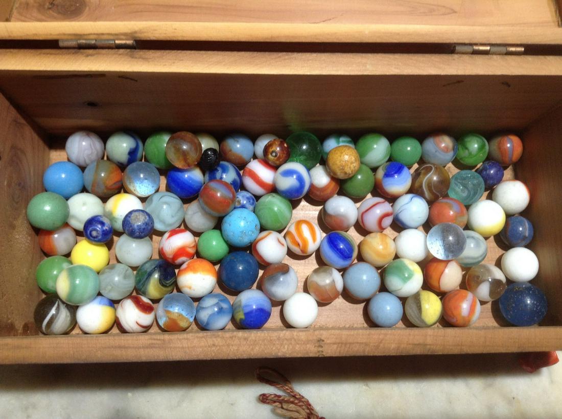 Wooden Box Full of very early marbles: Wooden Box Full of very early marbles