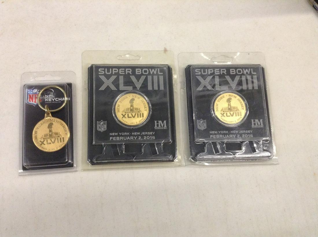 Two Super Bowl XLVIII NFL Coins and NFL Keychain: Two Super Bowl XLVIII NFL Coins and NFL Keychain