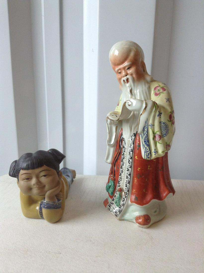 Two Asian Statues one with artist stamp taller 9": Two Asian Statues one with artist stamp taller 9"