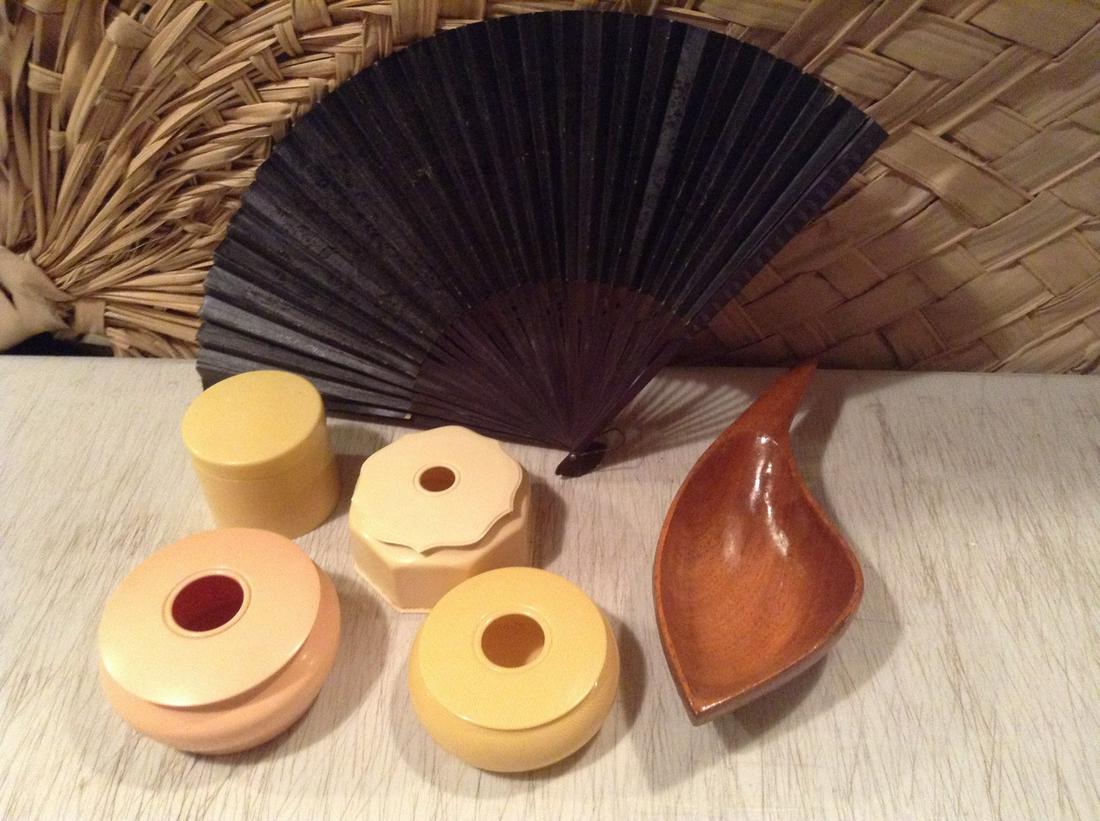 Vintage Vanity Boxes, Fold Out Fan and MCM Wood Bowl (1 of 1)