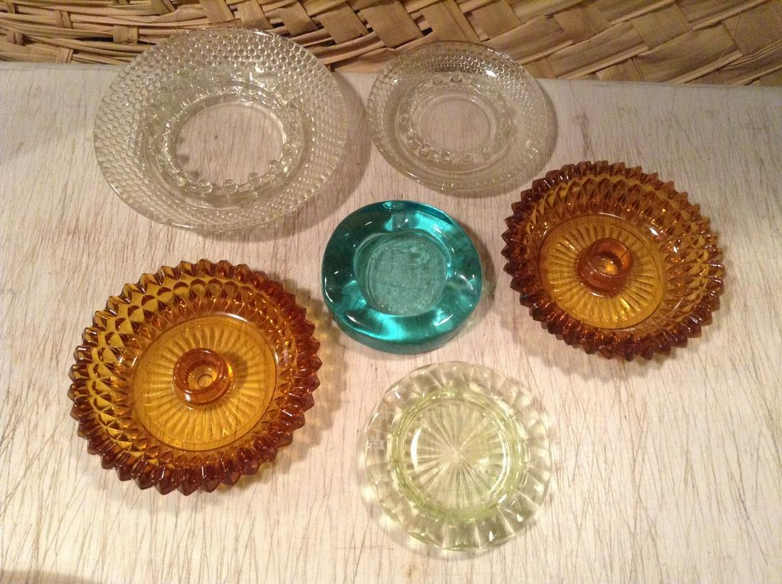 Lot of Vintage Ashtrays and Amber Candlestick holders: Lot of Vintage Ashtrays and Amber Candlestick holders