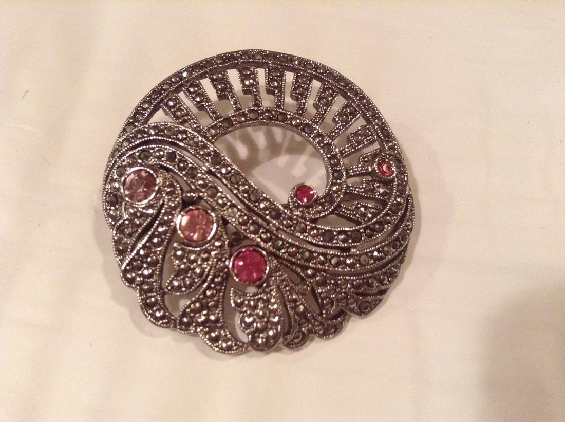 Marcasite and Pink Crystal Brooch 1.75": Marcasite and Pink Crystal Brooch 1.75"