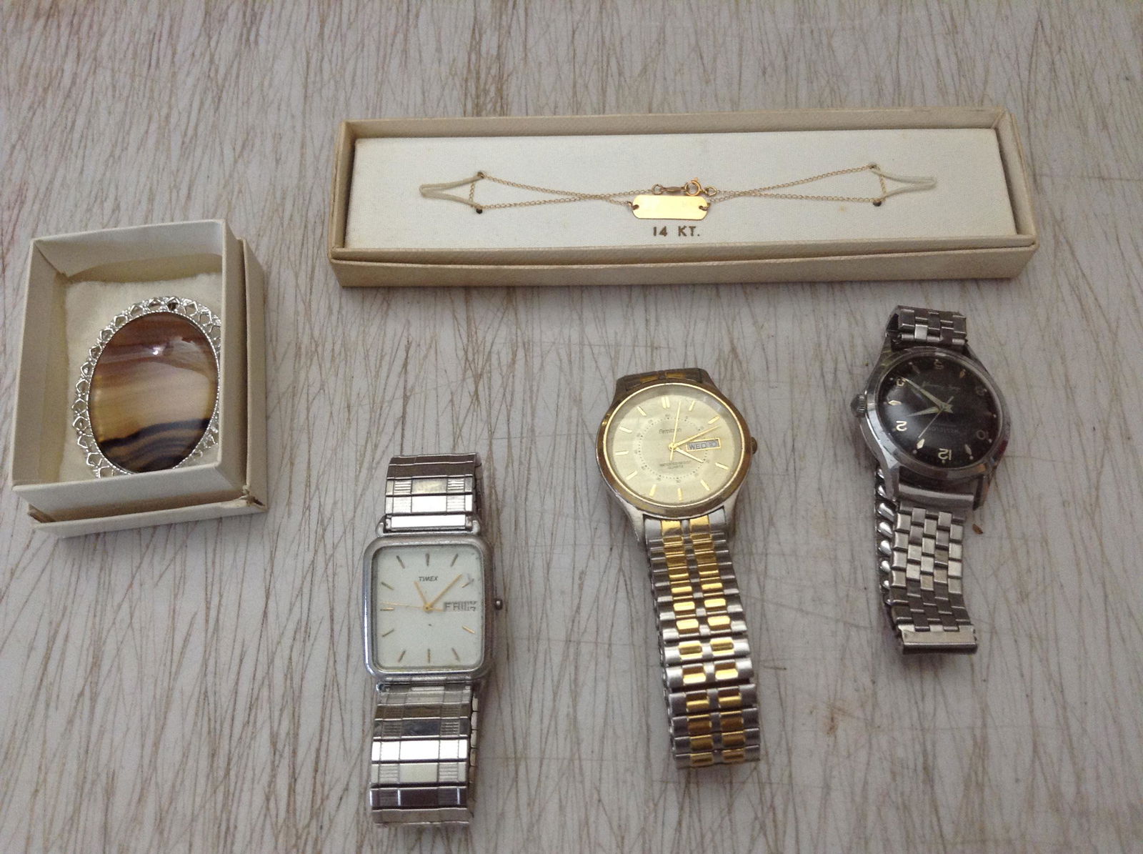 Filligree Brooch, Vintage watches, and 14K ID bracelet (1 of 1)