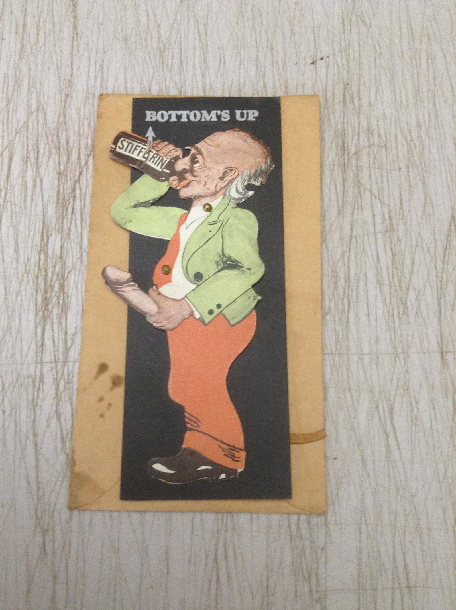 Vintage Cardboard Stifferin 1940's-50's Risque: Vintage Cardboard Stifferin 1940's-50's Risque Mechanical gag Lift Bottle