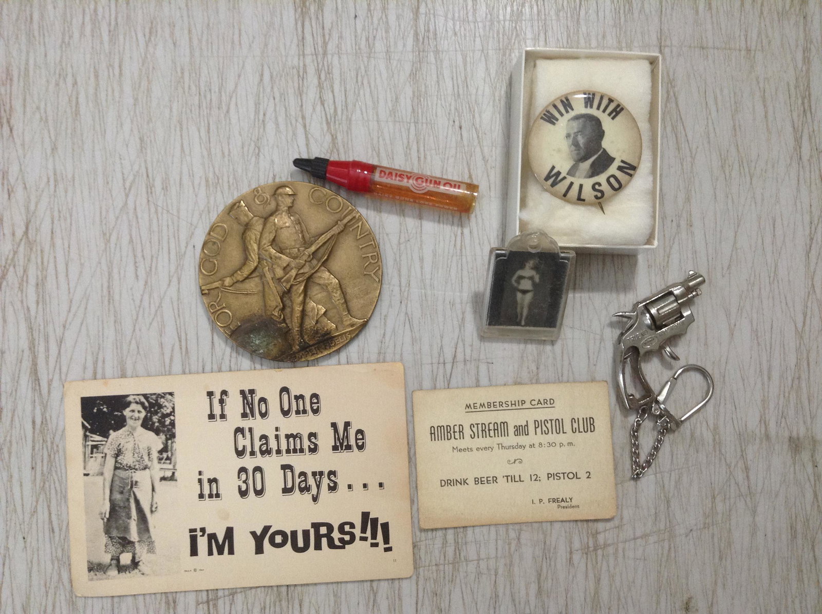 Early Pistol Club Membership Card, Win With Wilson: Early Pistol Club Membership Card, Win With Wilson pinback and other vintage items