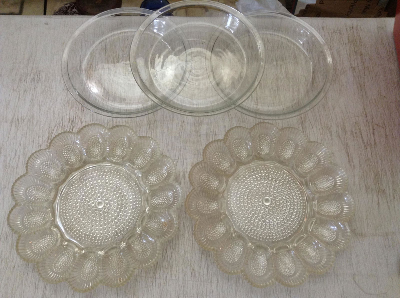 Cut Glass Egg dishes and Pyrex pie plates (1 of 1)