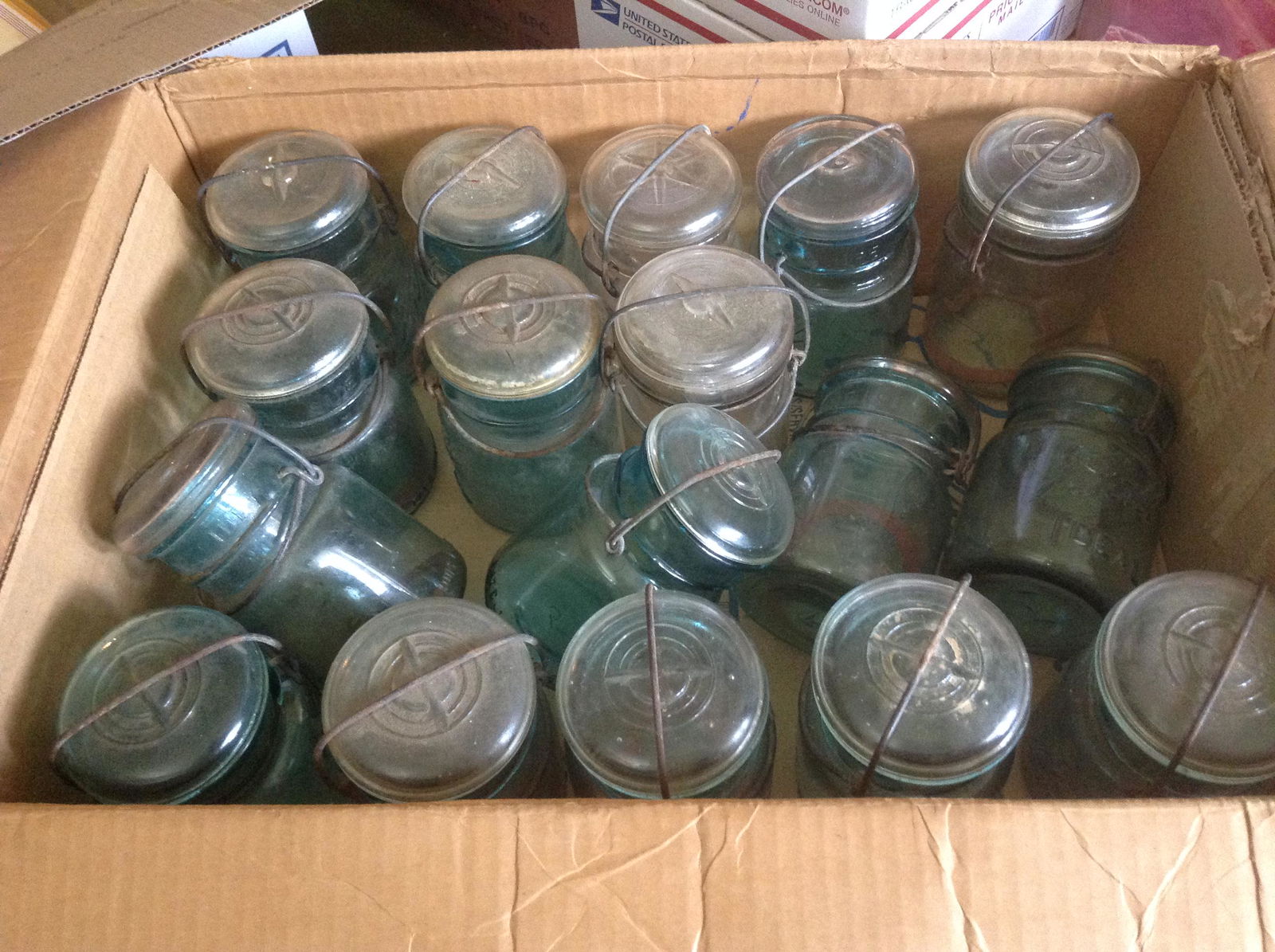 Case full of early 1900s blue Glass top Mason Jars - (1 of 1)