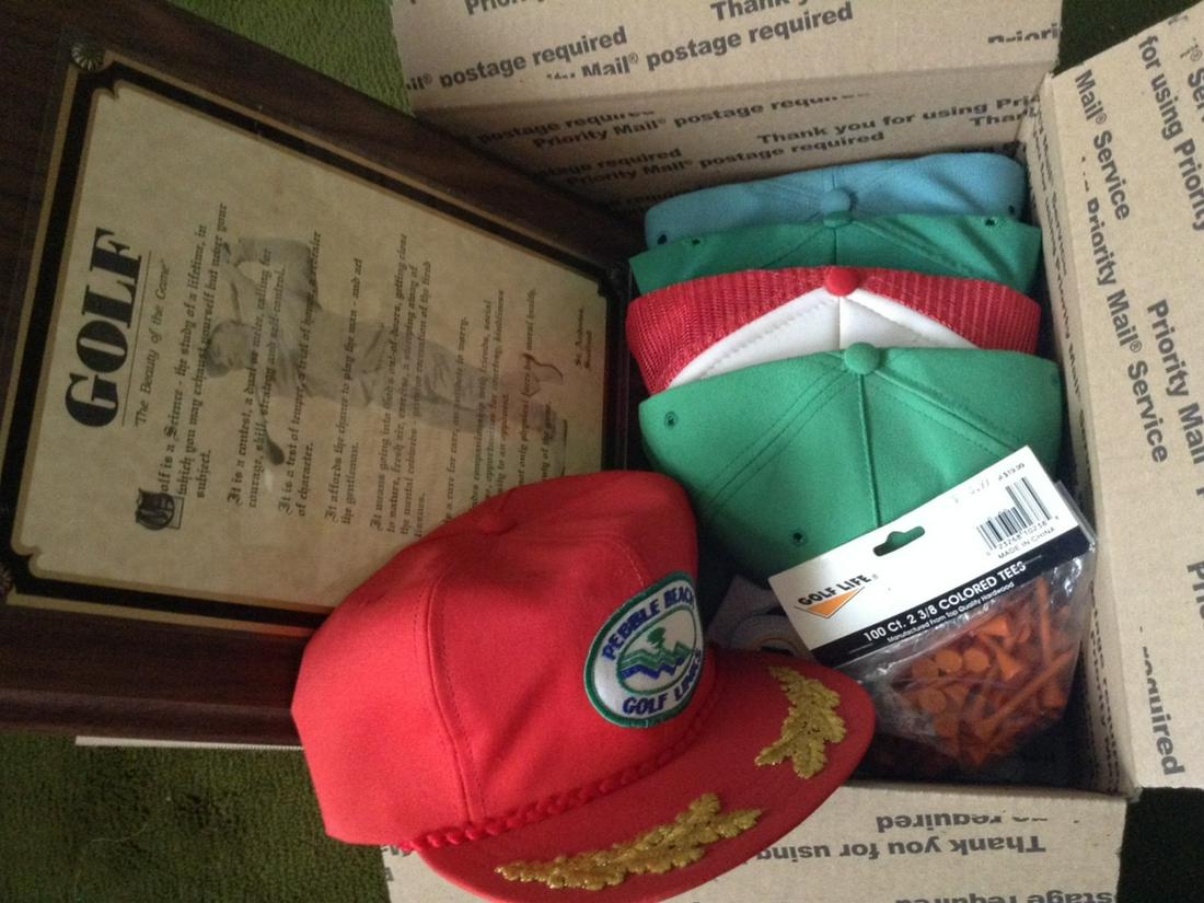 Golf equipment, hats and plaque: Golf equipment, hats and plaque