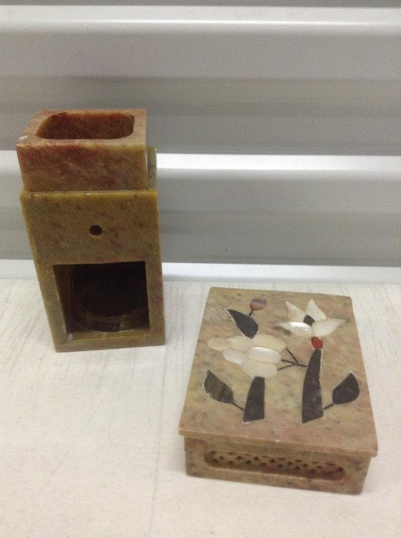Vintage Soapstone with Inlaid Mother of pearl Box and: Vintage Soapstone with Inlaid Mother of pearl Box and Votive Holder