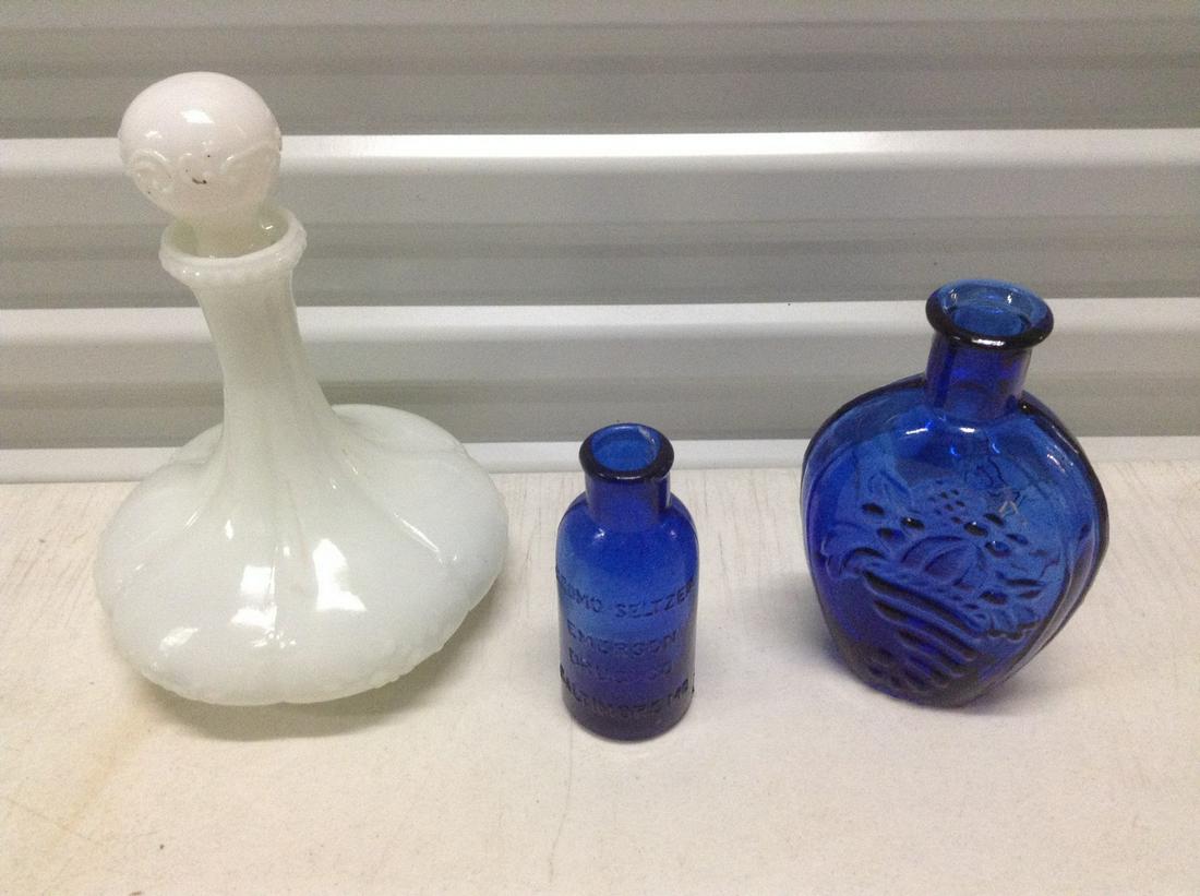 Victorian Milkglass Dresser Bottle and vintage cobalt: Victorian Milkglass Dresser Bottle and vintage cobalt blue bottles