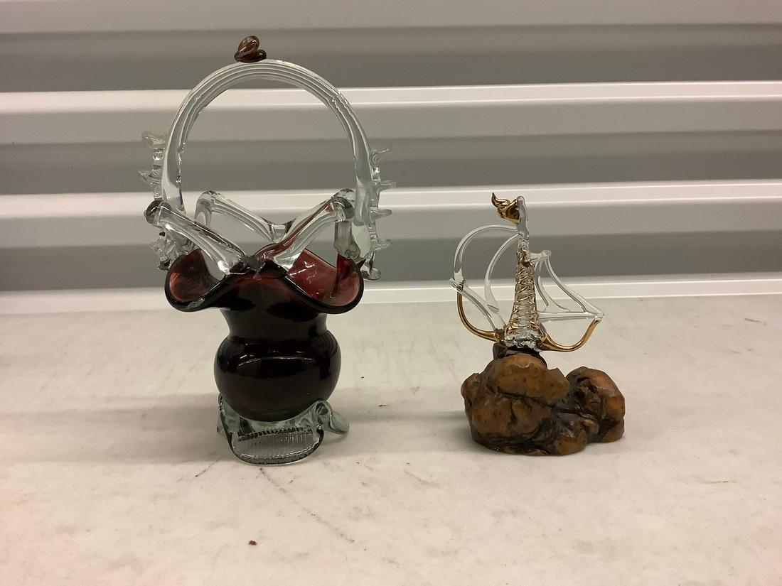 Cranberry glass dish and sword handle in wood: Cranberry glass dish and sword handle in wood