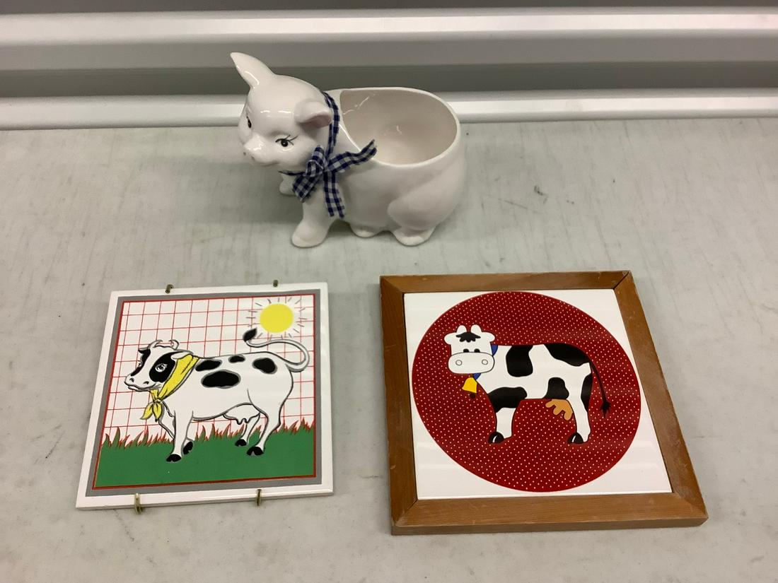 Pair of cow artwork (biggest 7x7) and pig vase (1 of 1)