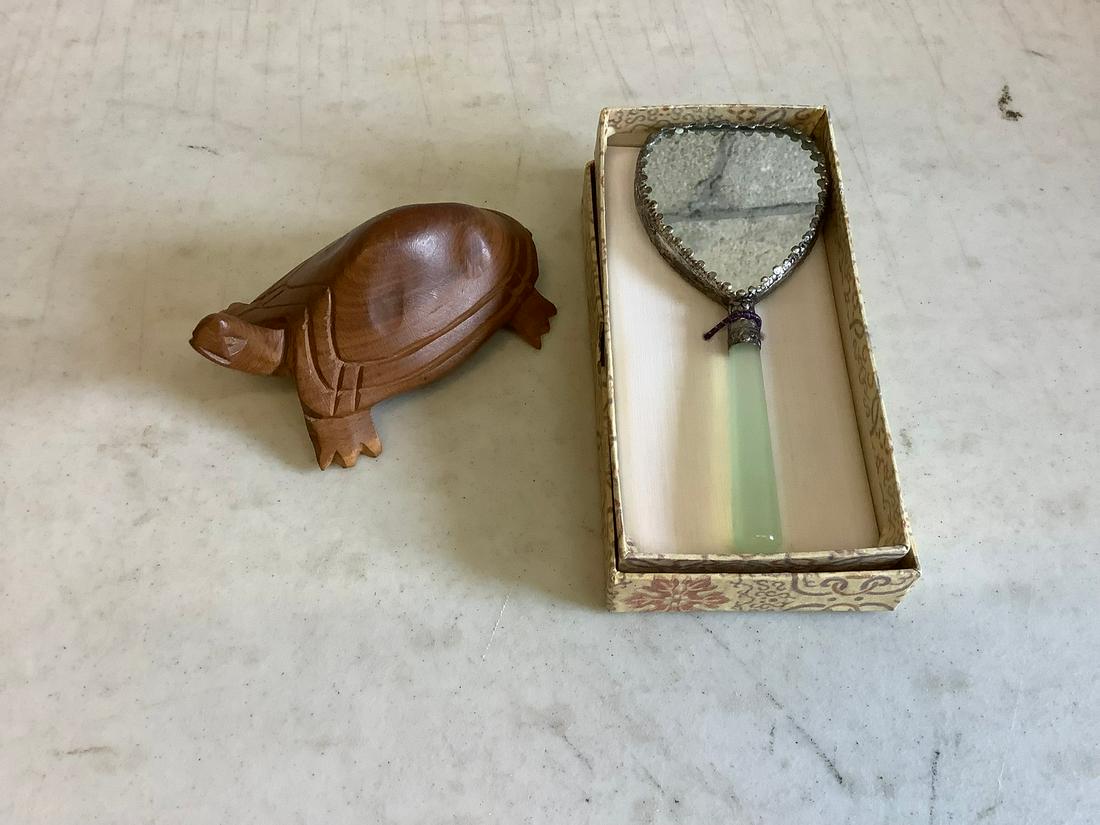 Wood carved turtle and hand mirror: Wood carved turtle and hand mirror