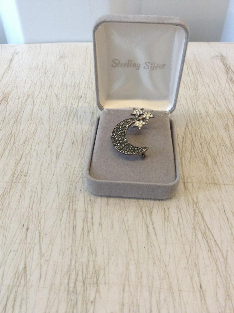 Sterling Silver Moon and Stars Marcasite Pin (1 of 1)