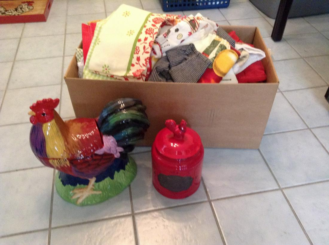 Rooster cookies jars and Box full of kitchen linens (1 of 1)