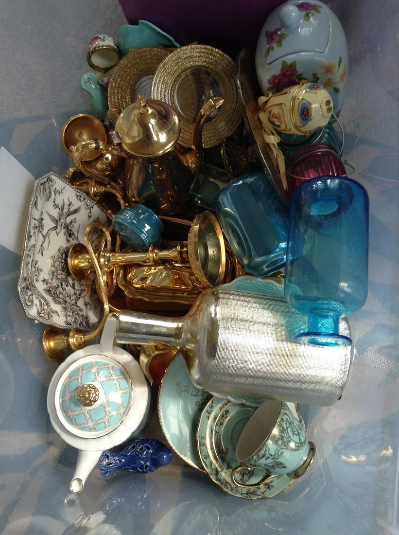 Tote full of Tea set, Candleabra, Teapots and more: Tote full of Tea set, Candleabra, Teapots and more