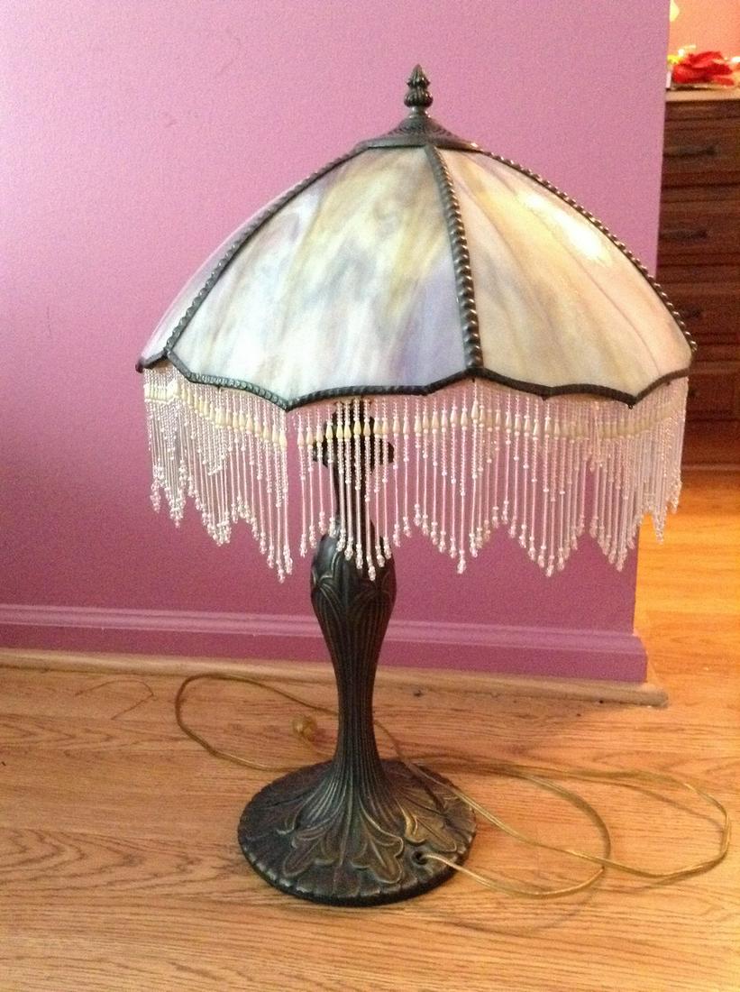 Heavy Metal Base Tiffany Style Lamp with Beaded Fringe (1 of 1)