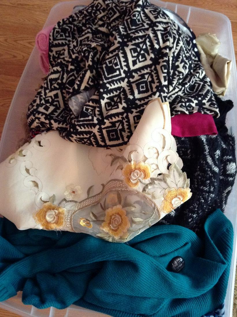 Tote of clothes and doily: Tote of clothes and doily