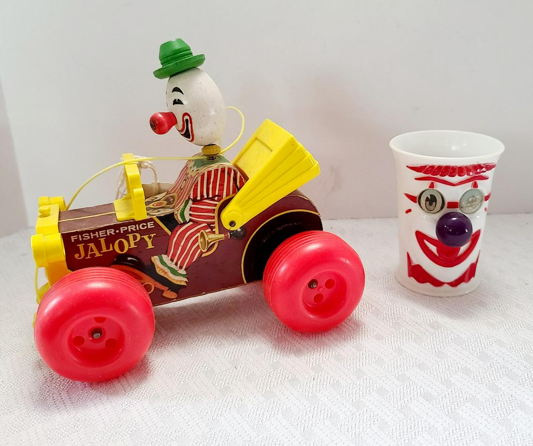 1970s Fisher Price Jalopy Clown Toy & Cup: 1970s Fisher Price Jalopy Clown Toy & Cup