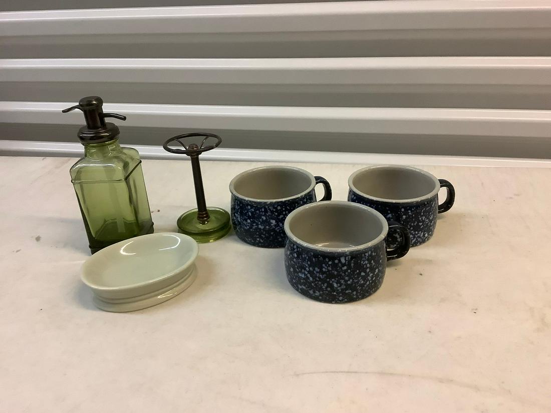 lot of pottery bowls, hand soap container and more: lot of pottery bowls, hand soap container and more
