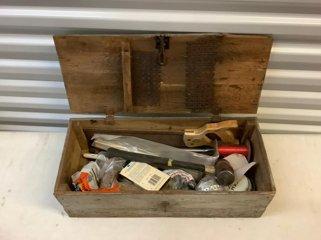 Vintage wood toolbox full of saws, hammers, other tools (1 of 1)
