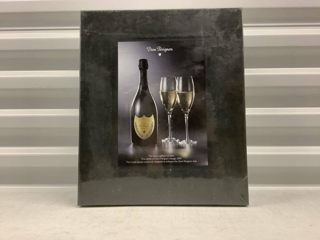 Sealed Dom Perignon with Two Crystal Glasses: Any contents in bottle is Free; You are bidding on the bottle & unbroken tax stamp